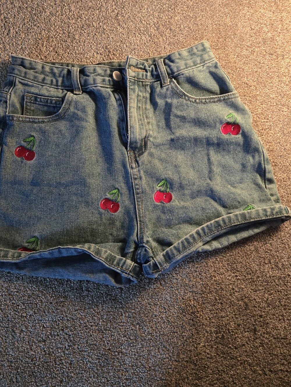 Cider Blue Denim Shorts with Red Cherry Embroidery